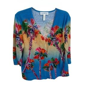 Ellen Negley Cardigan Sweater Women Size Large Art & Sol Tropical Painted Open